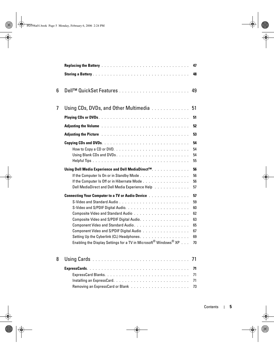 6dell™ quickset features, 49 7 using cds, dvds, and other multimedia, 8using cards | Dell Inspiron 9400 User Manual | Page 5 / 188