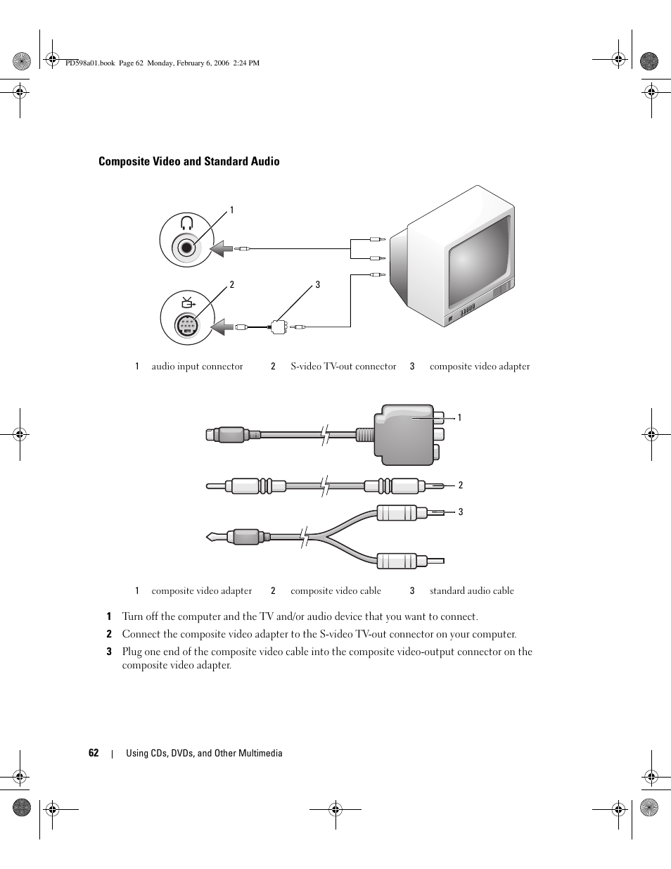 Composite video and standard audio | Dell Inspiron 9400 User Manual | Page 62 / 188