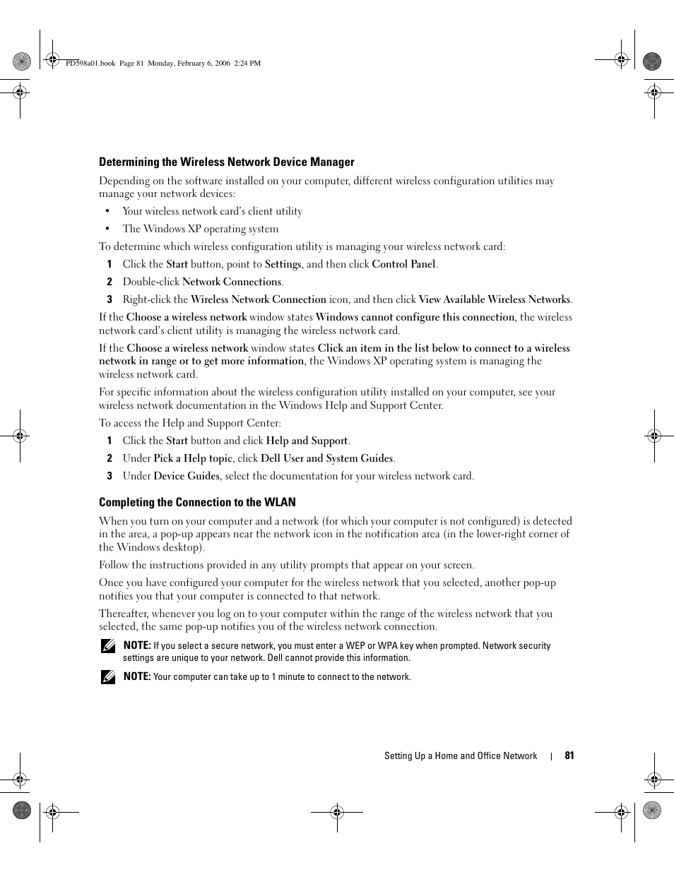 Determining the wireless network device manager, Completing the connection to the wlan | Dell Inspiron 9400 User Manual | Page 81 / 188