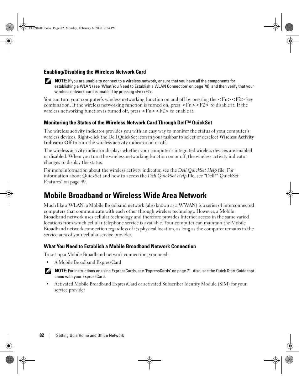 Enabling/disabling the wireless network card, Mobile broadband or wireless wide area network | Dell Inspiron 9400 User Manual | Page 82 / 188