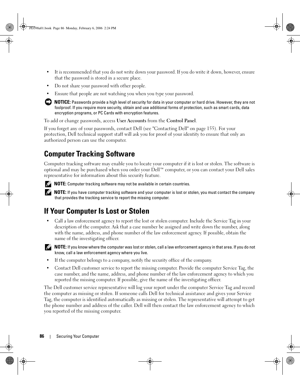 Computer tracking software, If your computer is lost or stolen | Dell Inspiron 9400 User Manual | Page 86 / 188