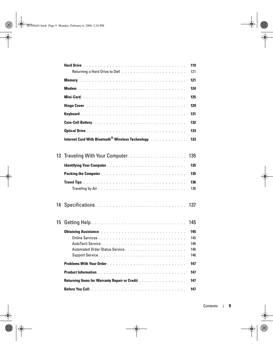 13 traveling with your computer, 14 specifications | Dell Inspiron 9400 User Manual | Page 9 / 188