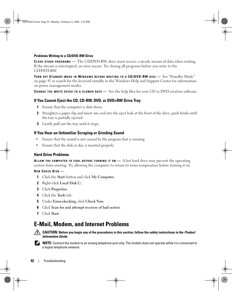 Hard drive problems, E-mail, modem, and internet problems | Dell Inspiron 9400 User Manual | Page 92 / 188