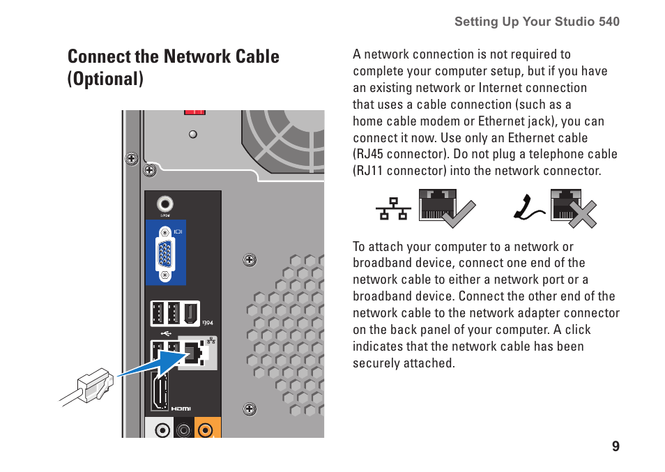 Connect the network cable (optional) | Dell Studio Desktop D540 (Late 2008) User Manual | Page 11 / 62