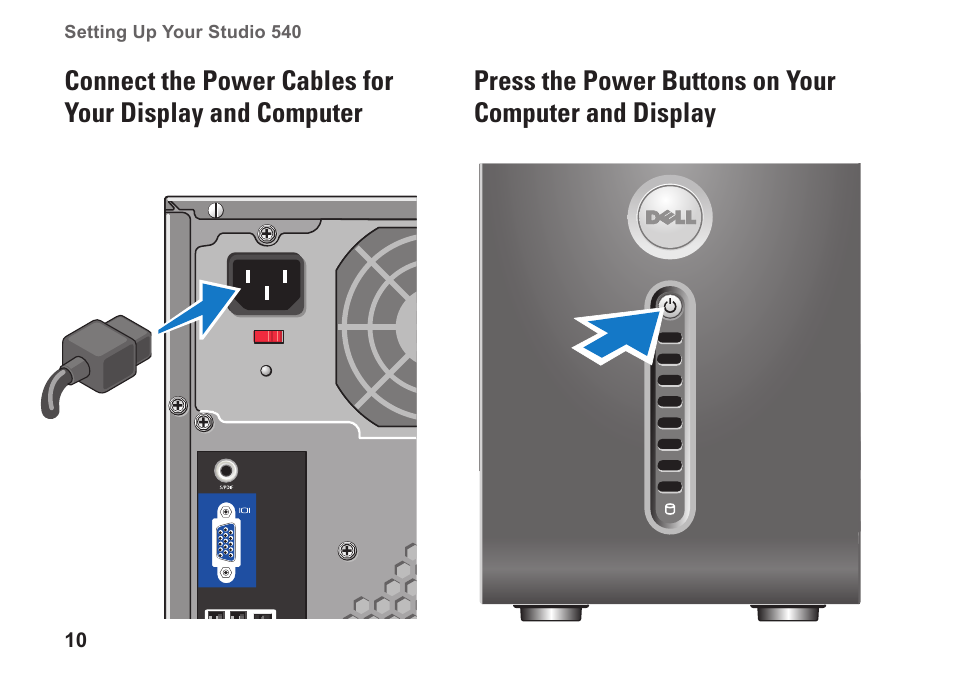 Connect the power cables for your, Computer and display | Dell Studio Desktop D540 (Late 2008) User Manual | Page 12 / 62