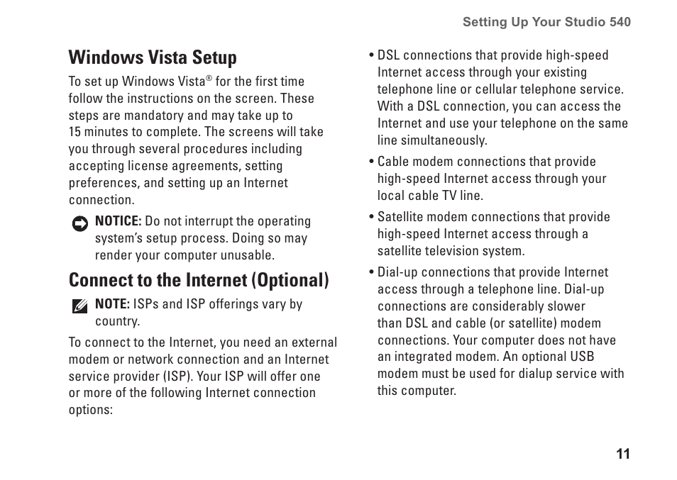 Windows vista setup, Connect to the internet (optional) | Dell Studio Desktop D540 (Late 2008) User Manual | Page 13 / 62