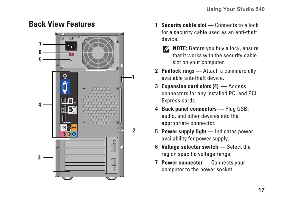 Back view features | Dell Studio Desktop D540 (Late 2008) User Manual | Page 19 / 62