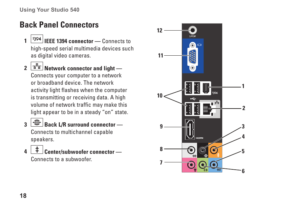 Back panel connectors | Dell Studio Desktop D540 (Late 2008) User Manual | Page 20 / 62