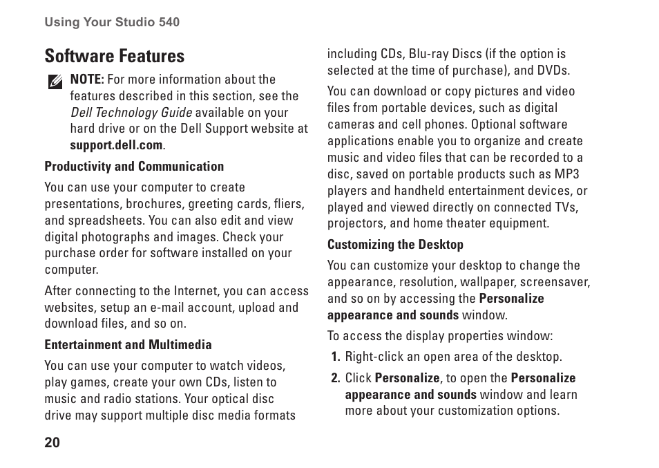 Software features | Dell Studio Desktop D540 (Late 2008) User Manual | Page 22 / 62