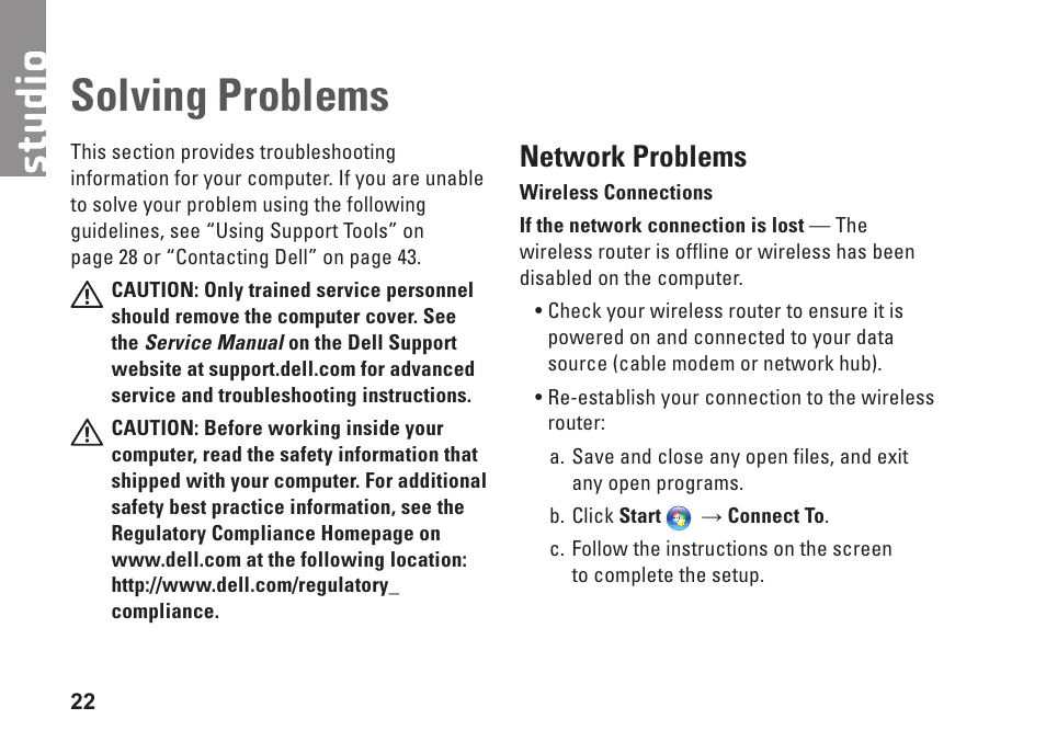 Solving problems, Network problems | Dell Studio Desktop D540 (Late 2008) User Manual | Page 24 / 62