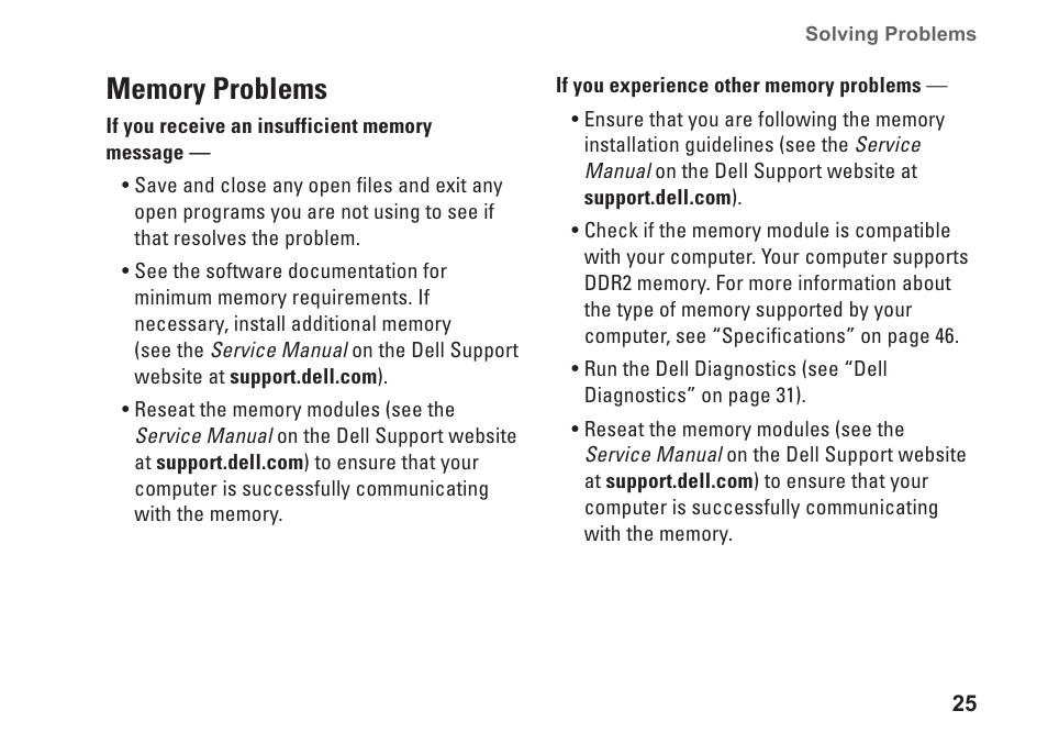 Memory problems | Dell Studio Desktop D540 (Late 2008) User Manual | Page 27 / 62
