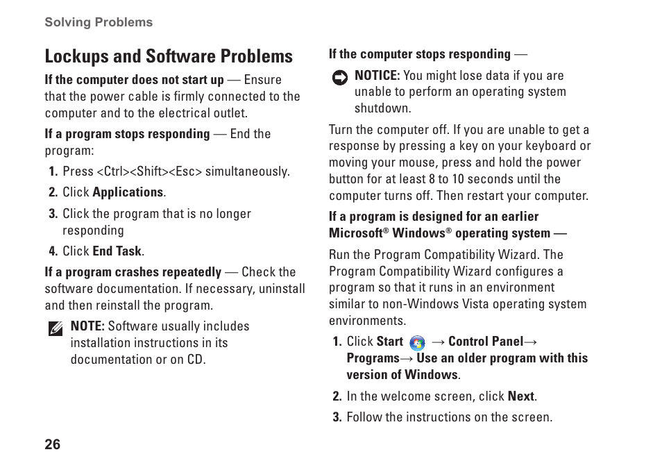 Lockups and software problems | Dell Studio Desktop D540 (Late 2008) User Manual | Page 28 / 62