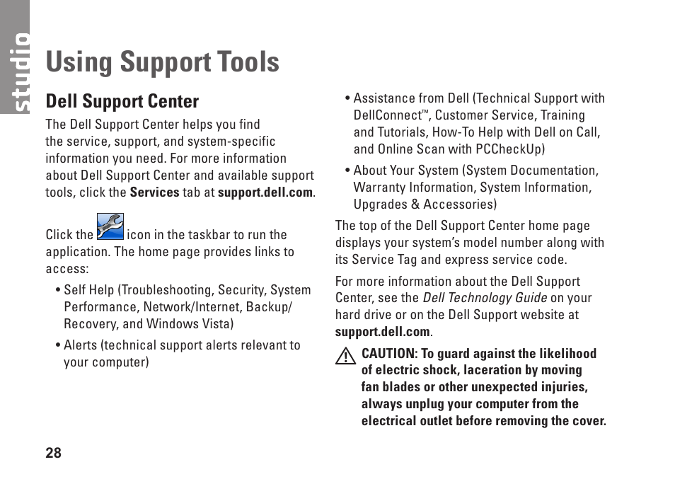 Using support tools, Dell support center | Dell Studio Desktop D540 (Late 2008) User Manual | Page 30 / 62