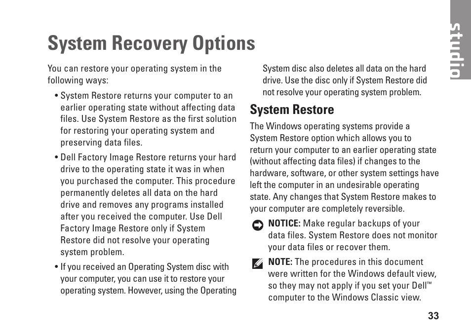 System recovery options, System restore | Dell Studio Desktop D540 (Late 2008) User Manual | Page 35 / 62