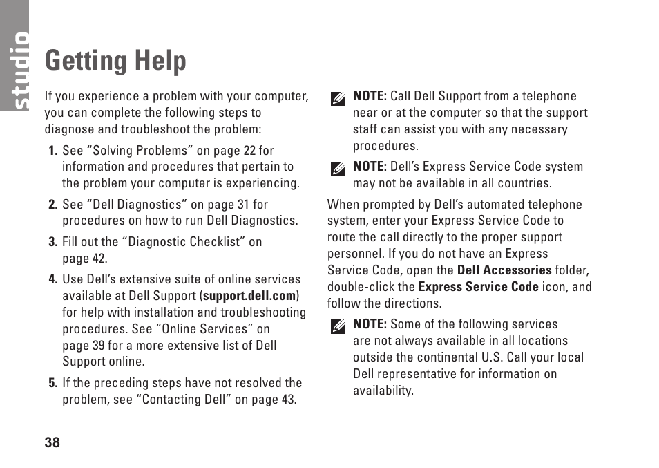 Getting help | Dell Studio Desktop D540 (Late 2008) User Manual | Page 40 / 62