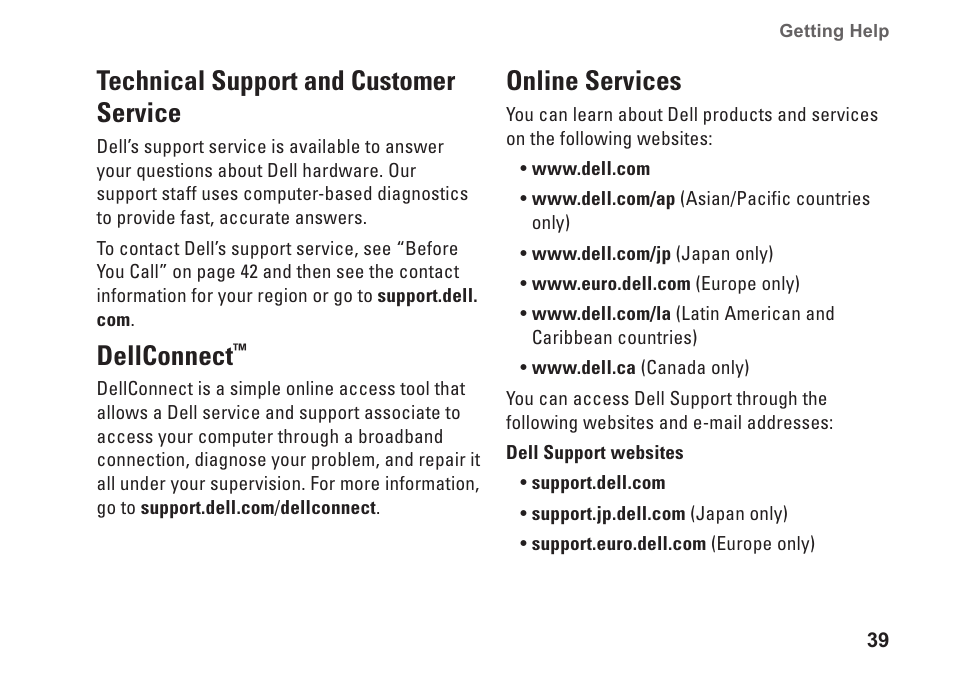 Technical support and customer service, Dellconnect, Online services | Technical support and customer, Service dellconnect | Dell Studio Desktop D540 (Late 2008) User Manual | Page 41 / 62