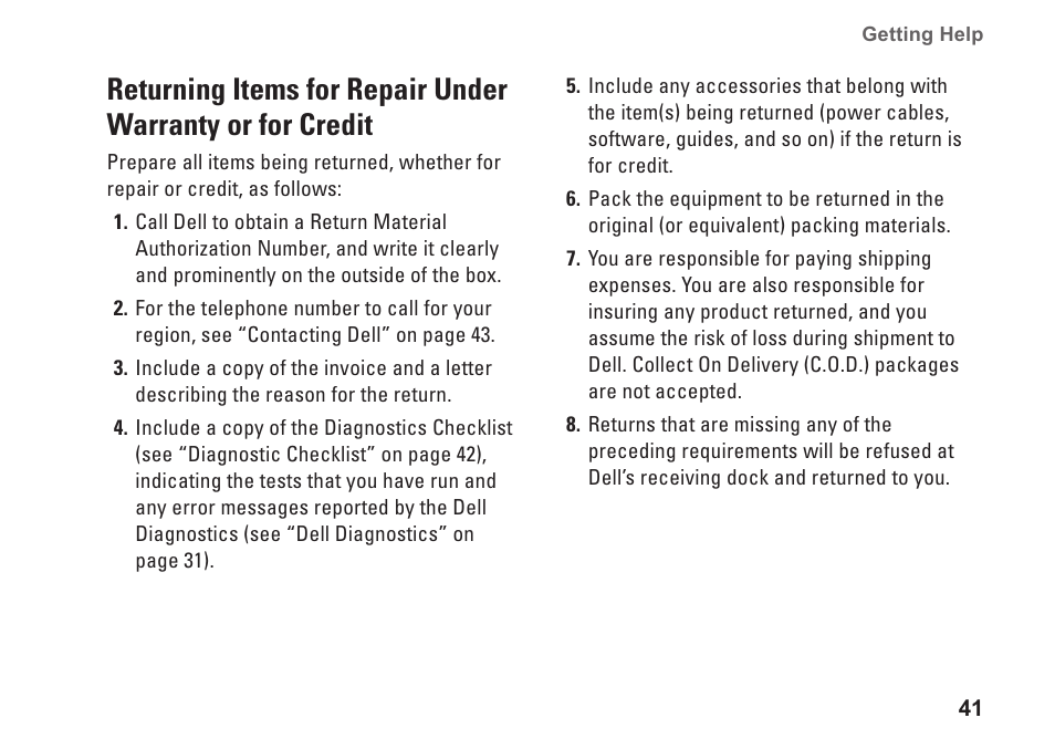 Returning items for repair under, Warranty or for credit | Dell Studio Desktop D540 (Late 2008) User Manual | Page 43 / 62