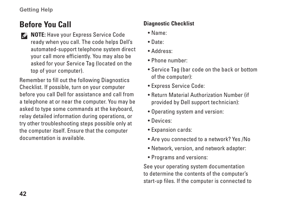 Before you call | Dell Studio Desktop D540 (Late 2008) User Manual | Page 44 / 62