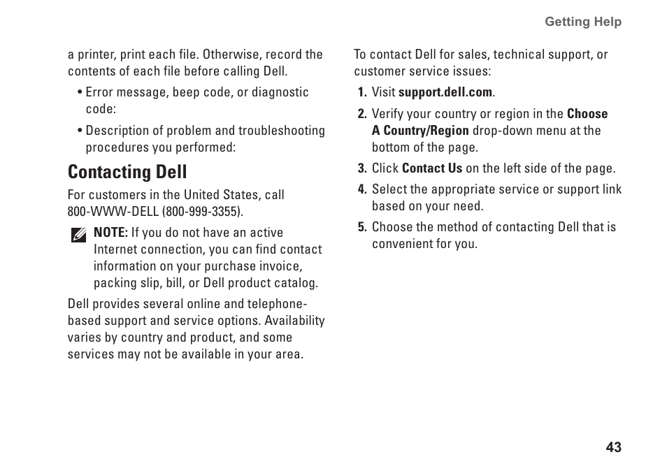 Contacting dell | Dell Studio Desktop D540 (Late 2008) User Manual | Page 45 / 62