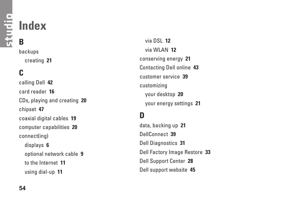 Index | Dell Studio Desktop D540 (Late 2008) User Manual | Page 56 / 62