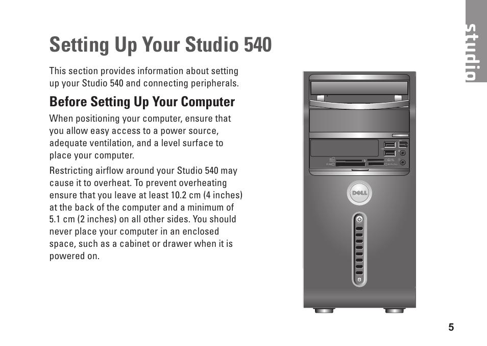 Setting up your studio 540, Before setting up your computer | Dell Studio Desktop D540 (Late 2008) User Manual | Page 7 / 62