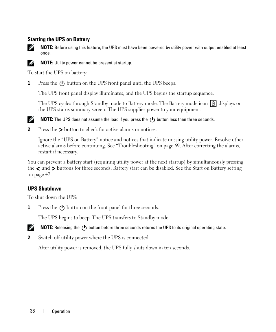 Starting the ups on battery, Ups shutdown | Dell UPS 2700R User Manual | Page 38 / 73