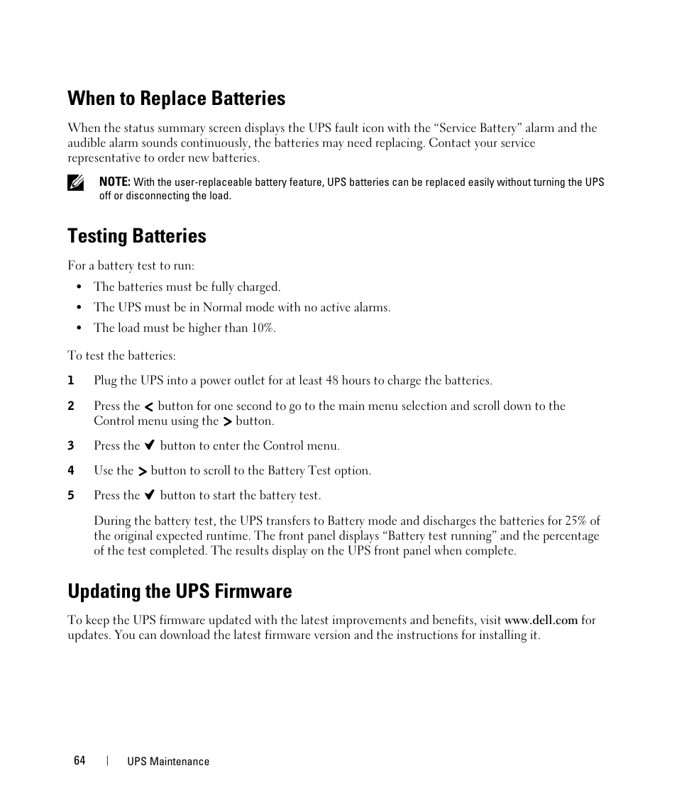 When to replace batteries, Testing batteries, Updating the ups firmware | Dell UPS 2700R User Manual | Page 64 / 73