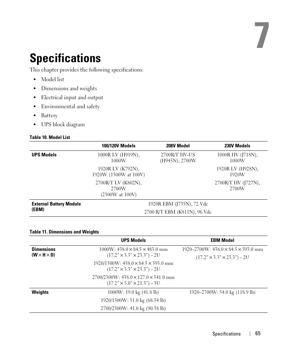 Specifications | Dell UPS 2700R User Manual | Page 65 / 73