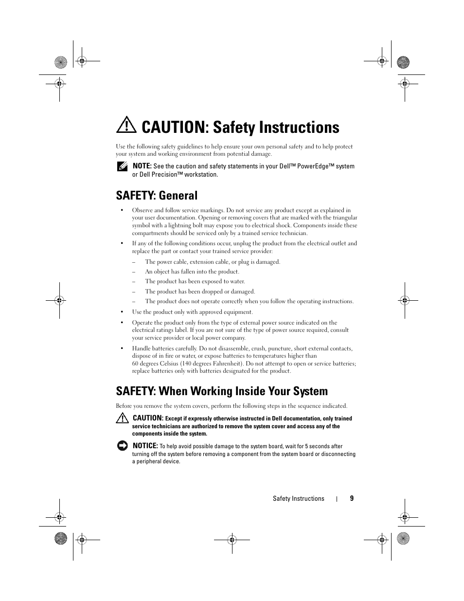 Caution: safety instructions, Safety: general, Safety: when working inside your system | Dell Serial Attached SCSI 6iR Integrated and Adapter User Manual | Page 11 / 86