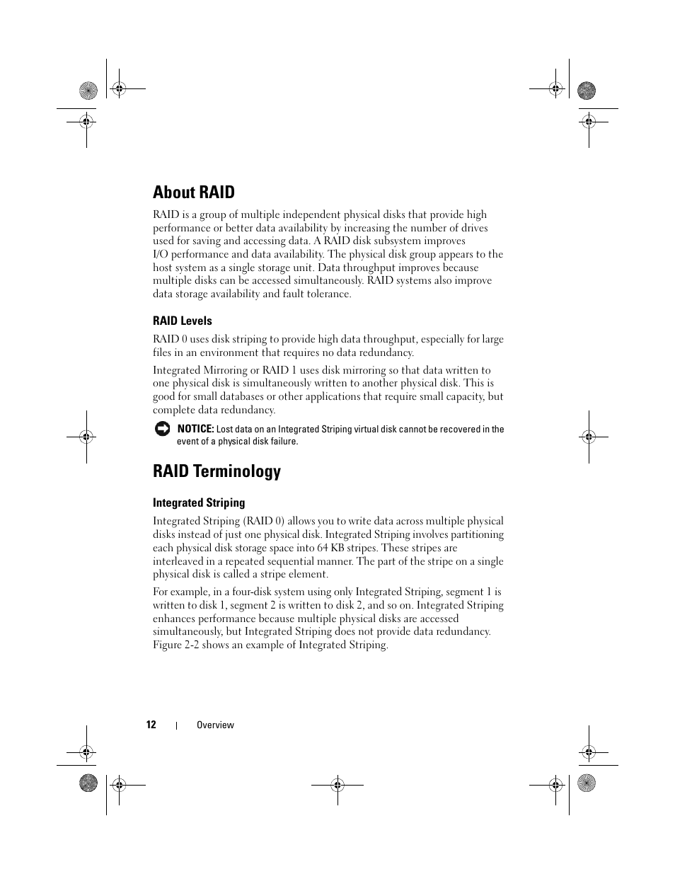 About raid, Raid levels, Raid terminology | Integrated striping | Dell Serial Attached SCSI 6iR Integrated and Adapter User Manual | Page 14 / 86