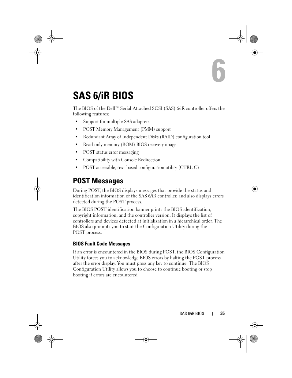 Sas 6/ir bios, Post messages, Bios fault code messages | Dell Serial Attached SCSI 6iR Integrated and Adapter User Manual | Page 37 / 86