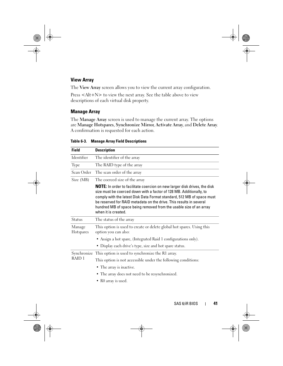 View array, Manage array | Dell Serial Attached SCSI 6iR Integrated and Adapter User Manual | Page 43 / 86