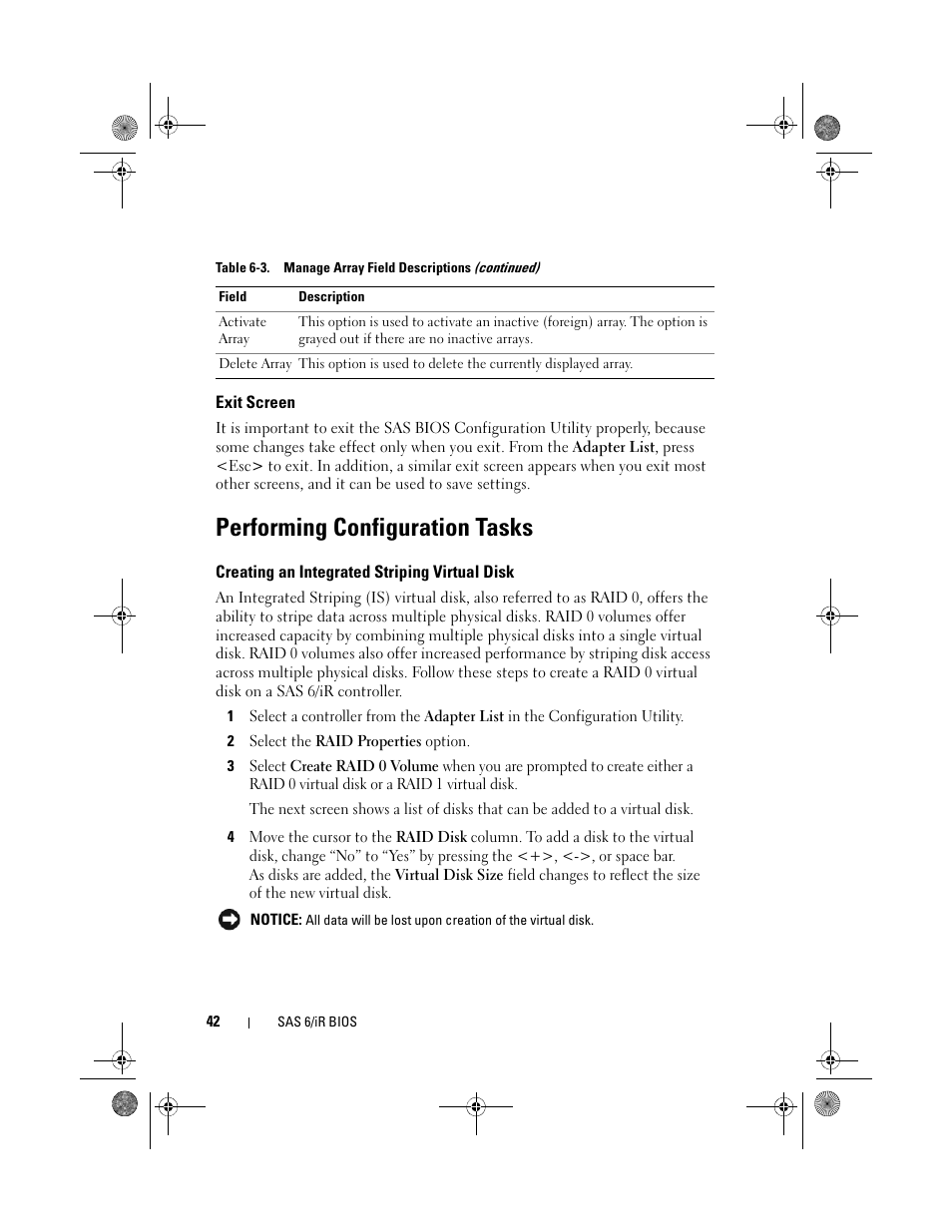 Exit screen, Performing configuration tasks, Creating an integrated striping virtual disk | Dell Serial Attached SCSI 6iR Integrated and Adapter User Manual | Page 44 / 86