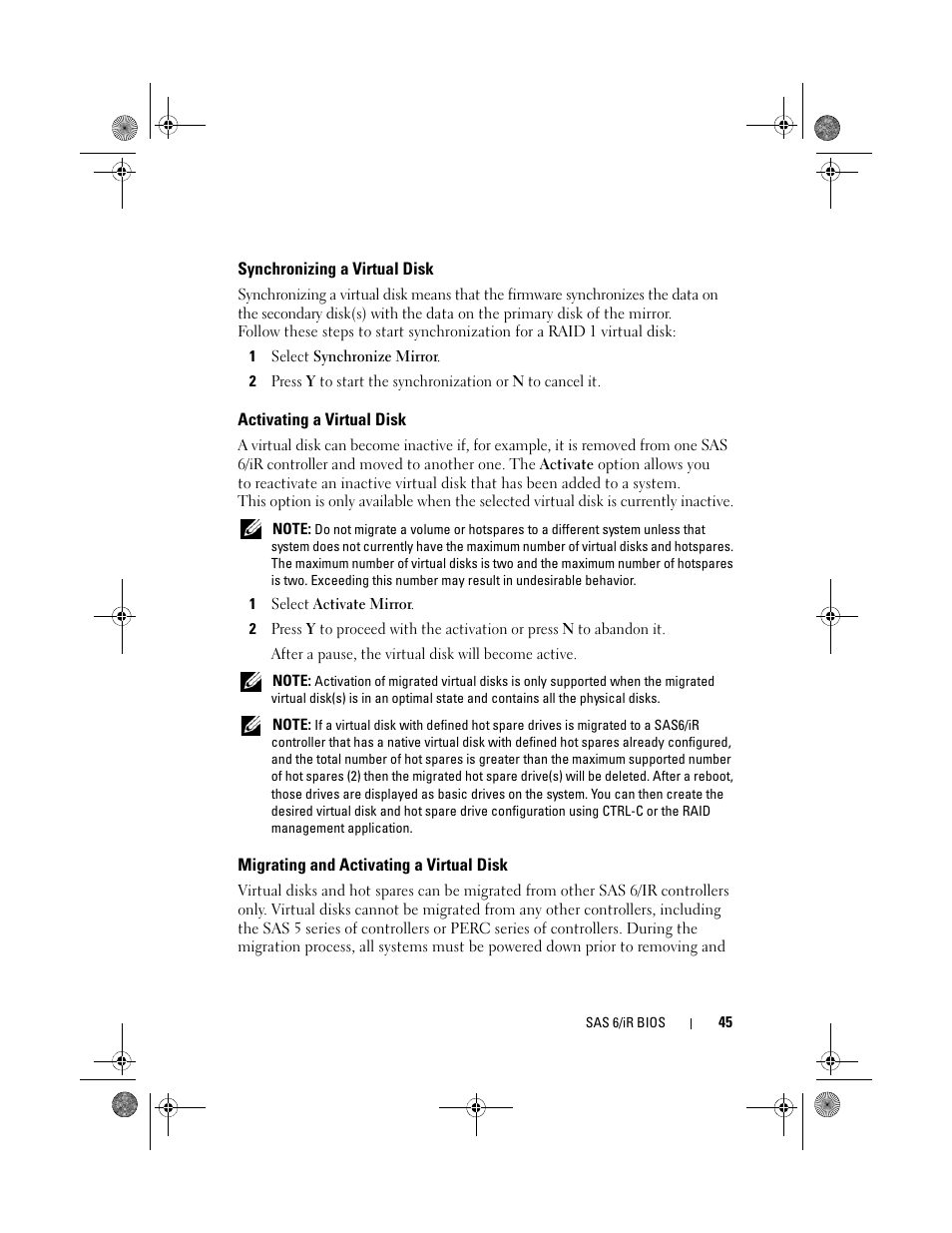 Synchronizing a virtual disk, Activating a virtual disk, Migrating and activating a virtual disk | Dell Serial Attached SCSI 6iR Integrated and Adapter User Manual | Page 47 / 86