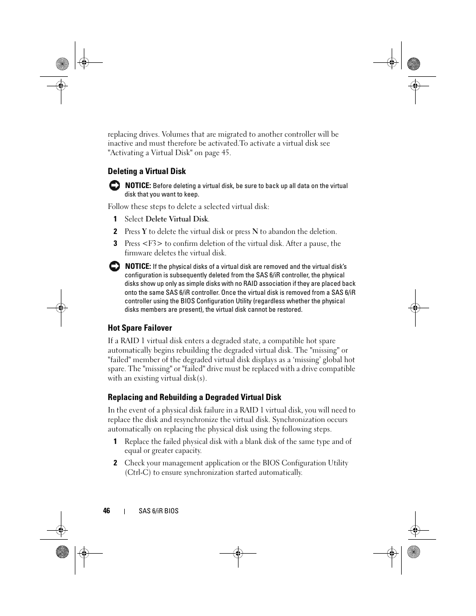 Deleting a virtual disk, Hot spare failover, Replacing and rebuilding a degraded virtual disk | Dell Serial Attached SCSI 6iR Integrated and Adapter User Manual | Page 48 / 86