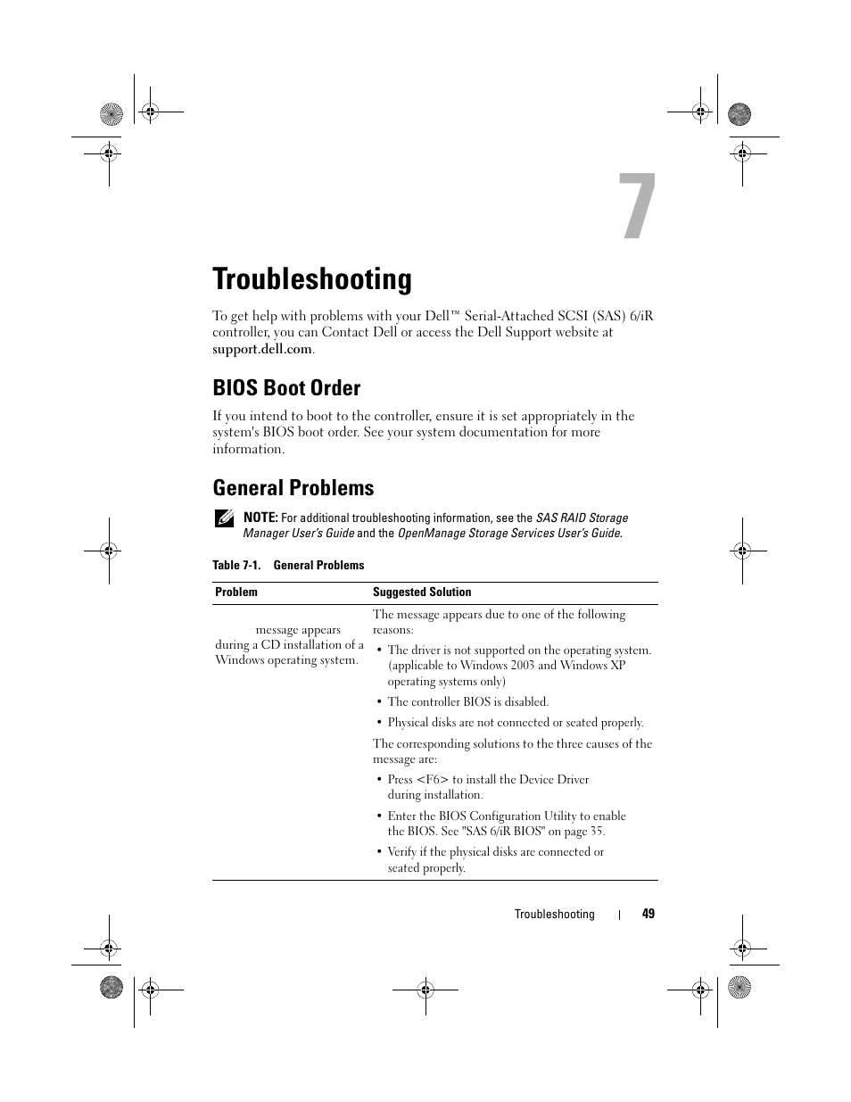 Troubleshooting, Bios boot order, General problems | Dell Serial Attached SCSI 6iR Integrated and Adapter User Manual | Page 51 / 86