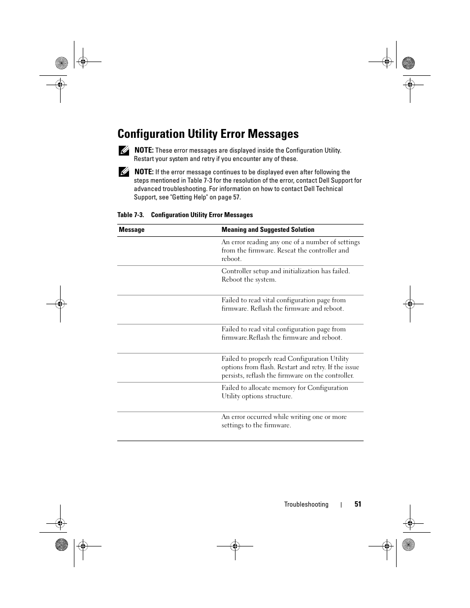 Configuration utility error messages | Dell Serial Attached SCSI 6iR Integrated and Adapter User Manual | Page 53 / 86