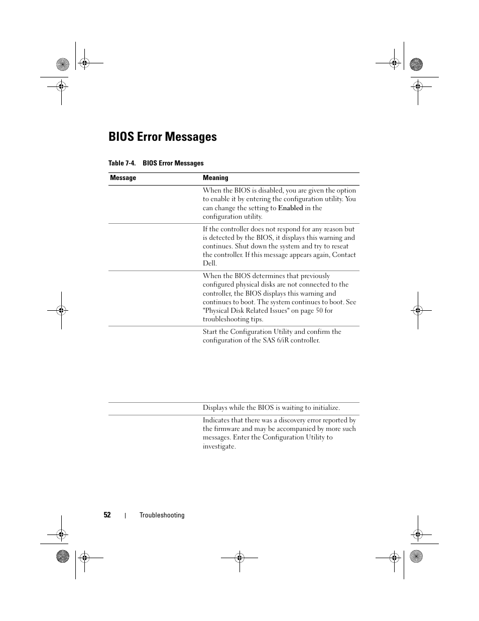 Bios error messages | Dell Serial Attached SCSI 6iR Integrated and Adapter User Manual | Page 54 / 86