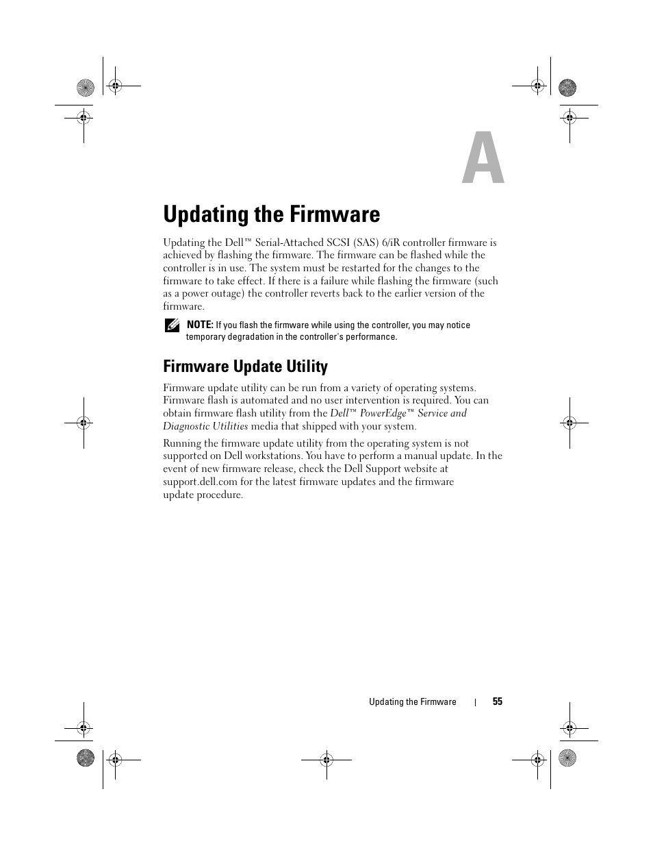 Updating the firmware, Firmware update utility | Dell Serial Attached SCSI 6iR Integrated and Adapter User Manual | Page 57 / 86