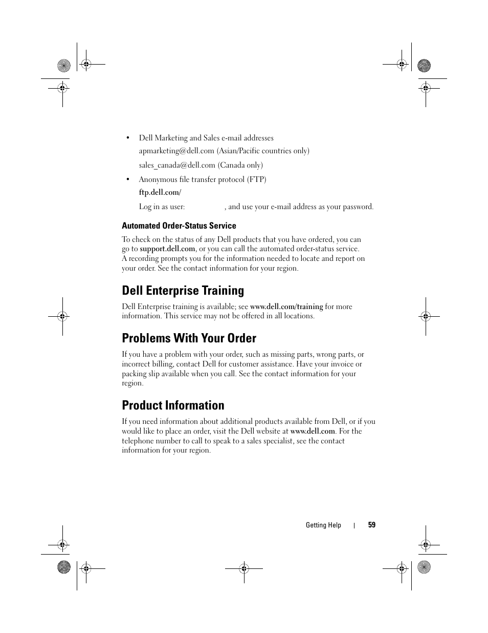 Automated order-status service, Dell enterprise training, Problems with your order | Product information | Dell Serial Attached SCSI 6iR Integrated and Adapter User Manual | Page 61 / 86