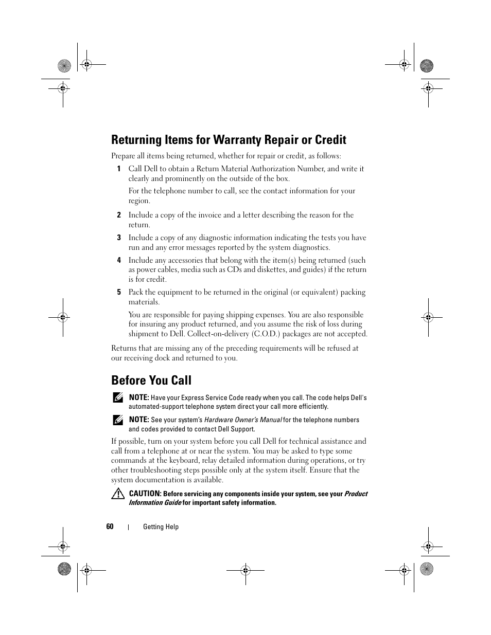 Returning items for warranty repair or credit, Before you call | Dell Serial Attached SCSI 6iR Integrated and Adapter User Manual | Page 62 / 86