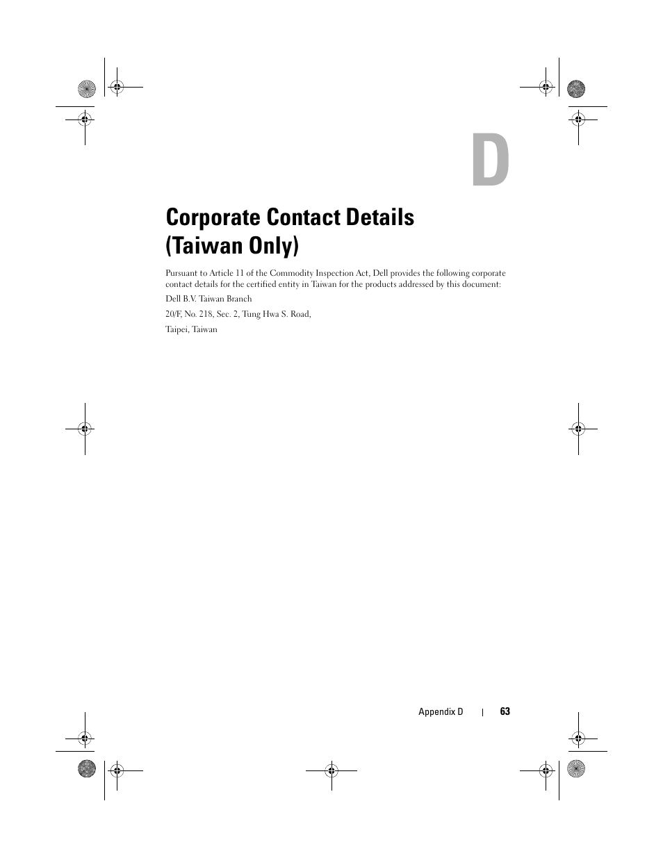 Corporate contact details (taiwan only), Corporate contact details, Taiwan only) | Dell Serial Attached SCSI 6iR Integrated and Adapter User Manual | Page 65 / 86