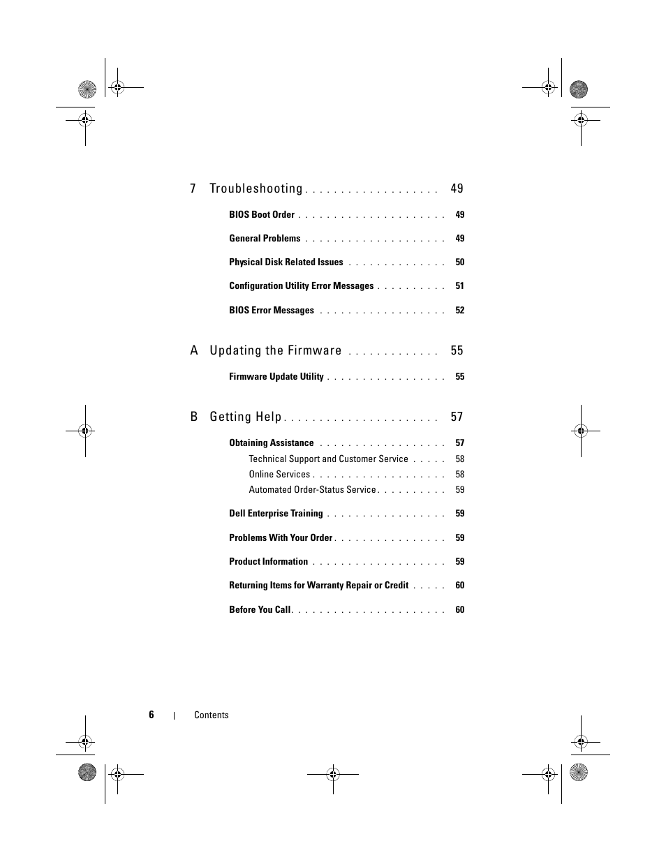 7troubleshooting, A updating the firmware, B getting help | Dell Serial Attached SCSI 6iR Integrated and Adapter User Manual | Page 8 / 86