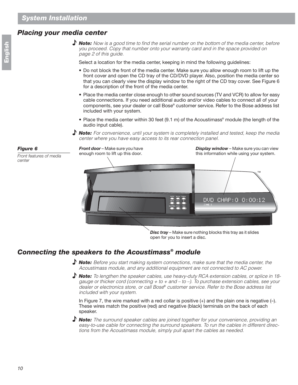 Placing your media center, Connecting the speakers to the acoustimass® module, System installation | Connecting the speakers to the acoustimass, Module | Bose 18 User Manual | Page 10 / 28