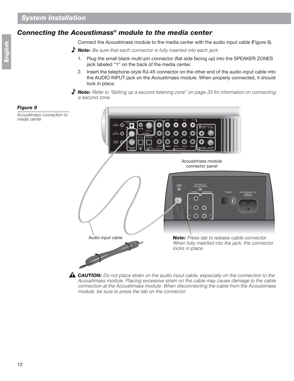 System installation, Connecting the acoustimass, Module to the media center | English, Acoustimass connection to media center | Bose 18 User Manual | Page 12 / 28