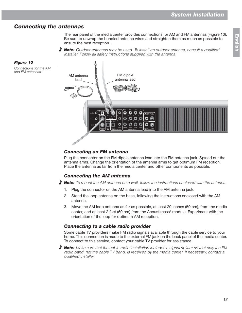 Connecting the antennas, Connecting an fm antenna, Connecting the am antenna | Connecting to a cable radio provider, System installation, English, Connections for the am and fm antennas, Am antenna lead fm dipole antenna lead | Bose 18 User Manual | Page 13 / 28