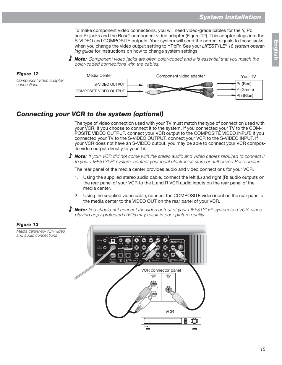 Connecting your vcr to the system (optional), System installation, English | Component video adapter connections, Media center-to-vcr video and audio connections, Vcr vcr connector panel | Bose 18 User Manual | Page 15 / 28