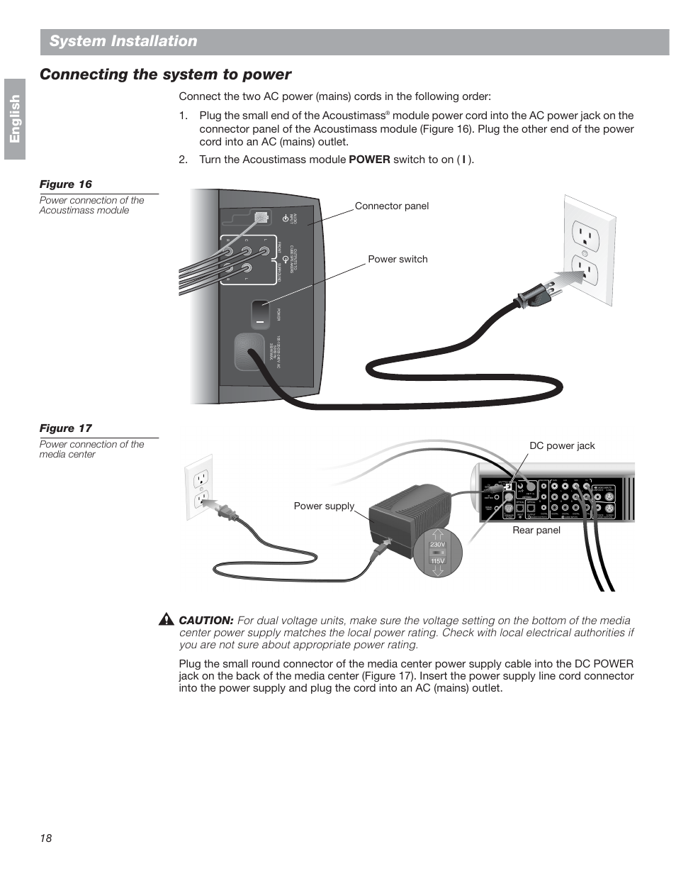 Connecting the system to power, System installation, English | Figure 17 | Bose 18 User Manual | Page 18 / 28