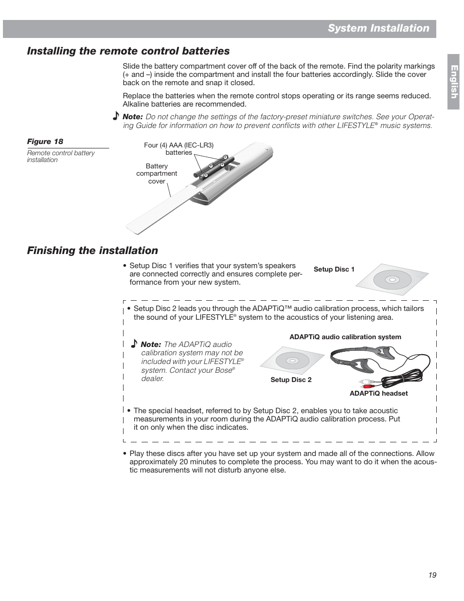Installing the remote control batteries, Finishing the installation, System installation | English | Bose 18 User Manual | Page 19 / 28