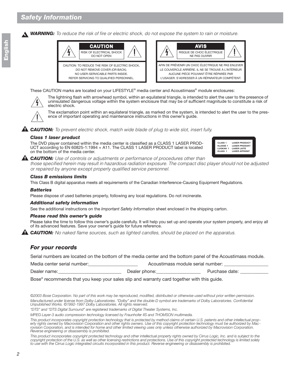 Safety information, English, For your records | Bose 18 User Manual | Page 2 / 28